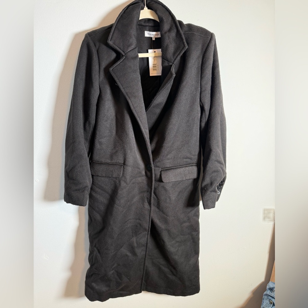 WEWOREWHAT Black‎ Long Blazer Coat Faux Wool Twill Minimal Chic XS NWT